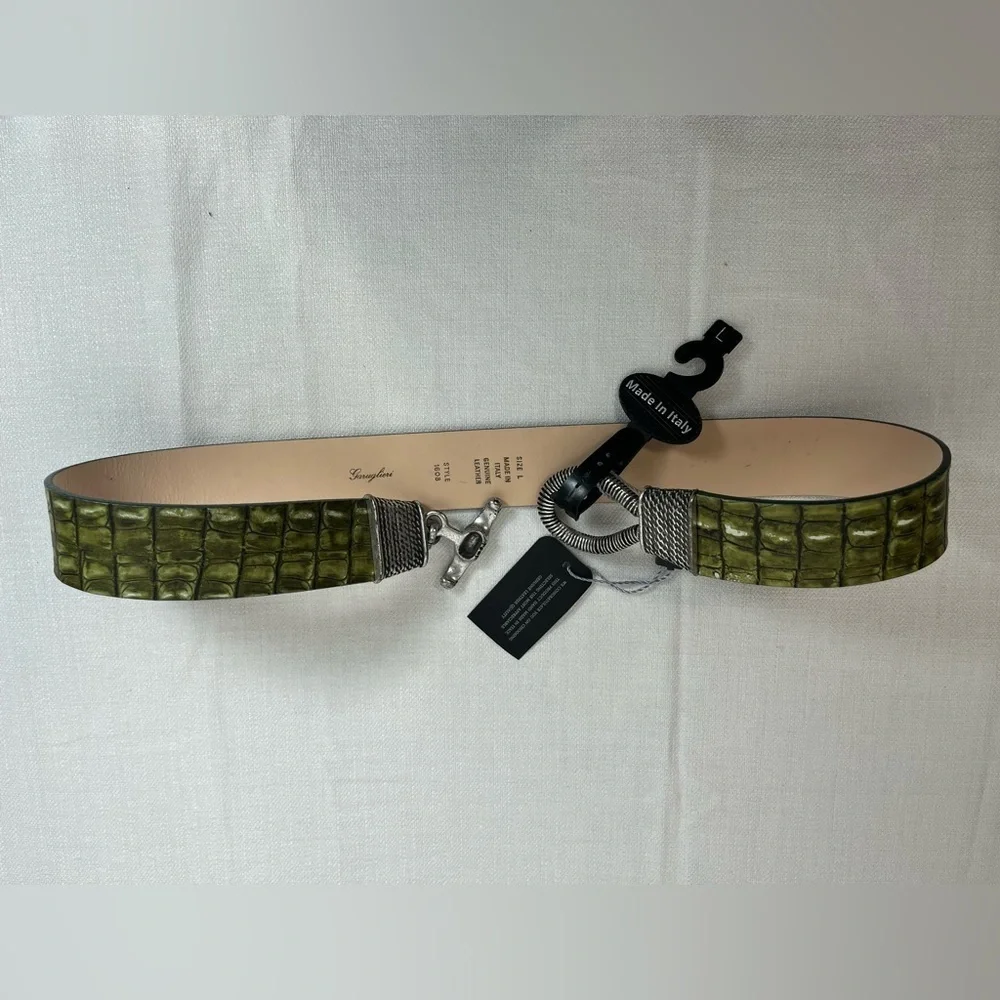 Garuglieri Womens Genuine Leather Made In Italy Snake Print Green Belt L NWT